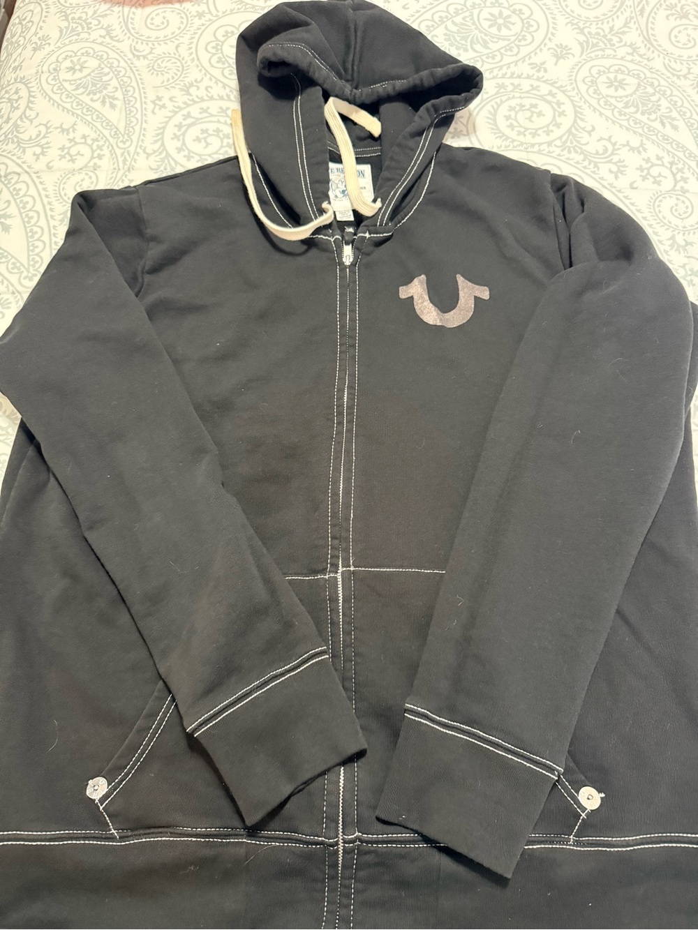 True Religion Black Zip Front Hoodie with Cream Drawstring - Picture 8 of 8
